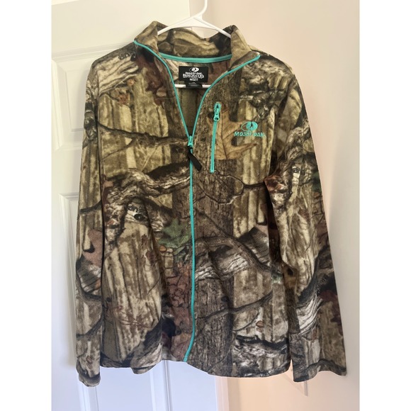 Mossy Oak Break-Up Infinity Camo Fleece Jacket Full Zip L/G (12-14) Teal Accents - Picture 1 of 2